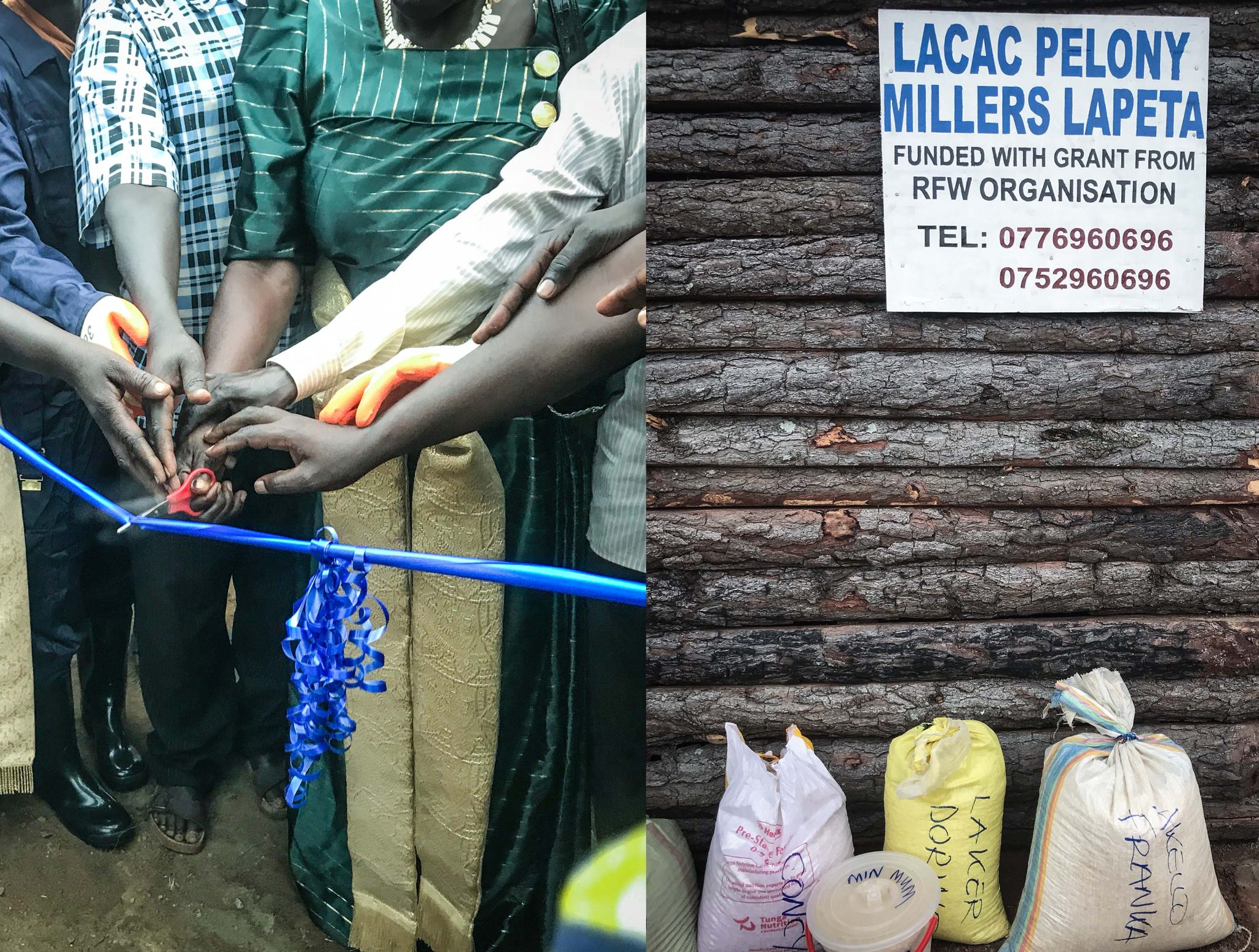 Women operating maize mill with smiles